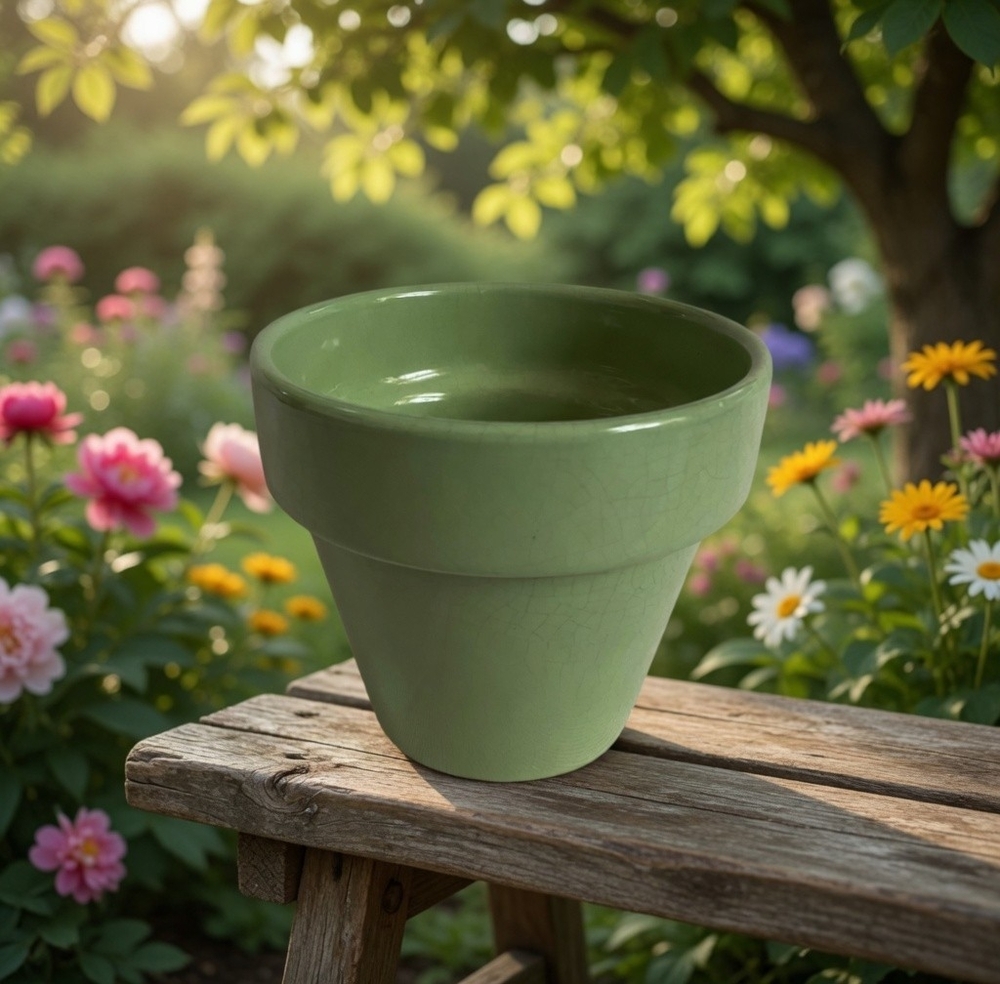 Norcal Sage Green Glazed Ceramic Flower Pot Planter 5.5"x5" Round G+